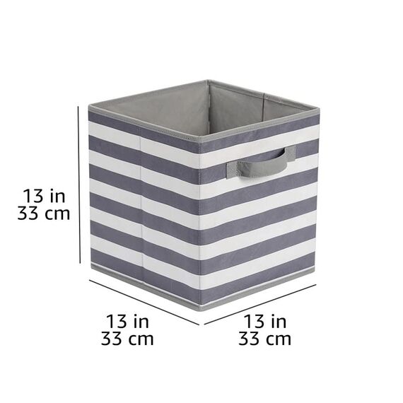 Amazon Basics zusammenklappbarer Aufbewahrungswürfel/Organizer aus Stoff mit Griffen, 33 cm x 33 cm x 33 cm, Weiß/Grau gestreift, 6 Stück