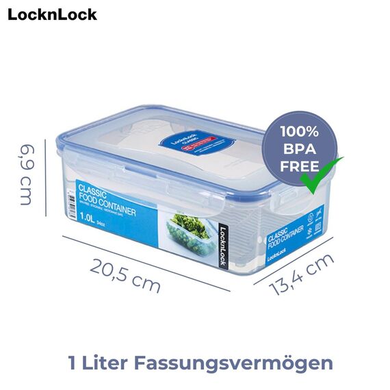 LocknLock PP Classic Vorratsdose mit Ablaufgitter | 1 L | 20,5 x 13,4 x 6,9 cm | 100 % luft- und wasserdicht | Gefrier-& Kühlschrank Organizer | Spülmaschinen-& Mikrowellengeeignet