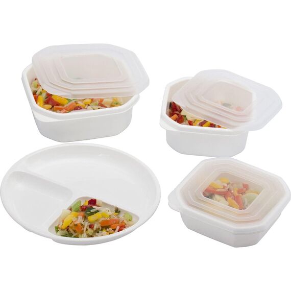 Westmark Mikrowellen-Geschirr, Set 5-tlg.: 3 Dosen inkl. Deckeln, 1 Menüteller, 1 Abdeckhaube, Kunststoff, Farbe: Weiß/Transparent, 22032260