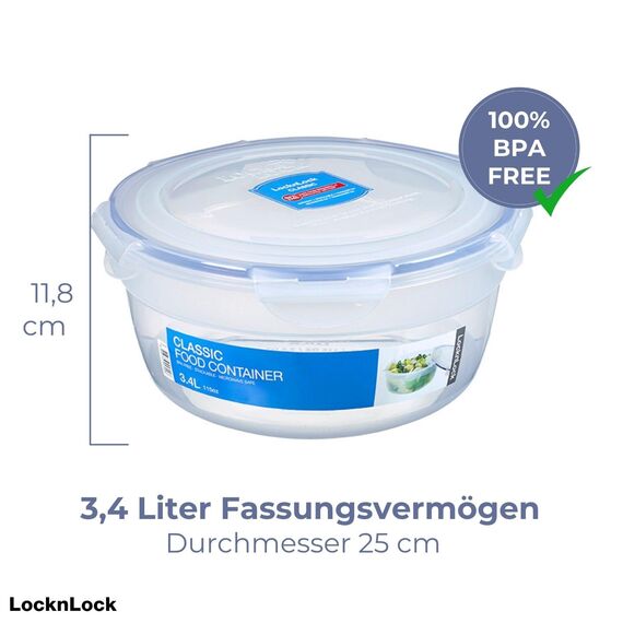 LocknLock CLASSIC Salatschüssel mit Deckel, 3,4 L, Ø 25,1 x 11,8 cm, 100 % luft- und wasserdichte Vorratsdose, Spülmaschinen-, und Mikrowellengeeignet, BPA-Frei, 4-fach Sicherheits-Verschluss