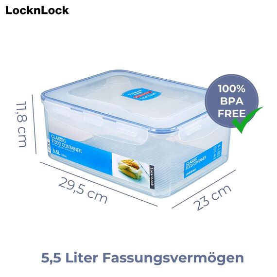 LocknLock PP Classic Vorratsdose mit Ablaufgitter | 5,5 L | 29,5 x 23 x 11,8 cm | 100 % luft- und wasserdicht | Gefrier-& Kühlschrank Organizer | Spülmaschinen-& Mikrowellengeeignet