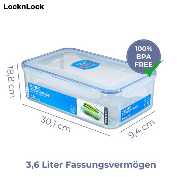 LocknLock PP Classic Vorratsdose mit Ablaufgitter | 3,6L | 30,1 x 18,8 x 9,4 cm | 100 % luft- und wasserdicht | Gefrier-& Kühlschrank Organizer | Spülmaschinen-& Mikrowellengeeignet