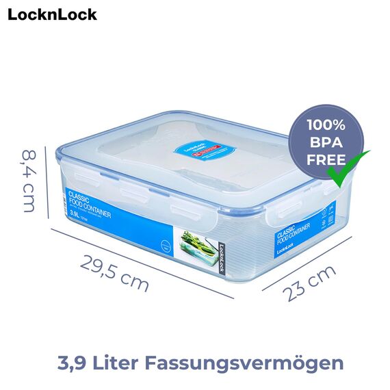 LocknLock PP Classic Vorratsdose mit Gitter, 3,9 L, 295 x 230 x 84 mm, 100 % luft- und wasserdicht, Cleveres Verschluss-System, Frischhaltedose für Kühlschrank & Gefrierfach