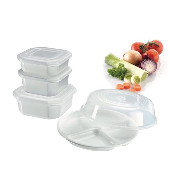 Westmark Mikrowellen-Geschirr, Set 5-tlg.: 3 Dosen inkl. Deckeln, 1 Menüteller, 1 Abdeckhaube, Kunststoff, Farbe: Weiß/Transparent, 22032260