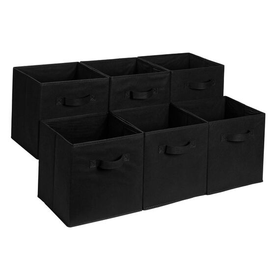 Amazon Basics zusammenklappbarer Aufbewahrungswürfel/Organizer aus Stoff mit Griffen, 6 Stück, Einfarbig Schwarz, 33 cm x 33 cm x 33 cm