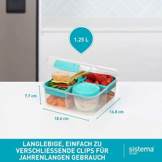 Sistema Bento Box TO GO Brotdose mit Fächern | 1,25 L Lunchbox mit Joghurt-/Fruchtbehälter | Lunchbox Kinder & Erwachsene | Blaugrün