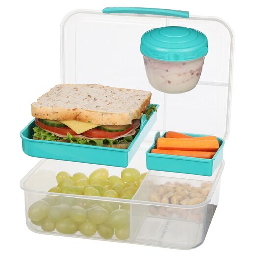 Sistema Bento Box TO GO Brotdose mit Fächern | 1,65 L Lunchbox mit Joghurt- /Fruchtbehälter | Lunchbox Kinder & Erwachsene | Blaugrün