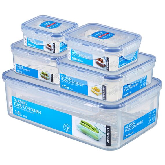 LocknLock PP Classic Vorratsdosen Set 5tlg., 180, 350, 600, 870ml, 3,6L, Vorratsdosen mit Deckel luftdicht & auslaufsicher, Gefrier-, Spülmaschinen- & Mikrowellengeeignete Aufbewahrungsboxen Küche