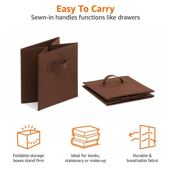 Amazon Basics zusammenklappbarer Aufbewahrungswürfel/Organizer aus Stoff mit Griffen, 26,6 x 26,6 x 27,9 cm, 6 Stück, Einfarbig Braun