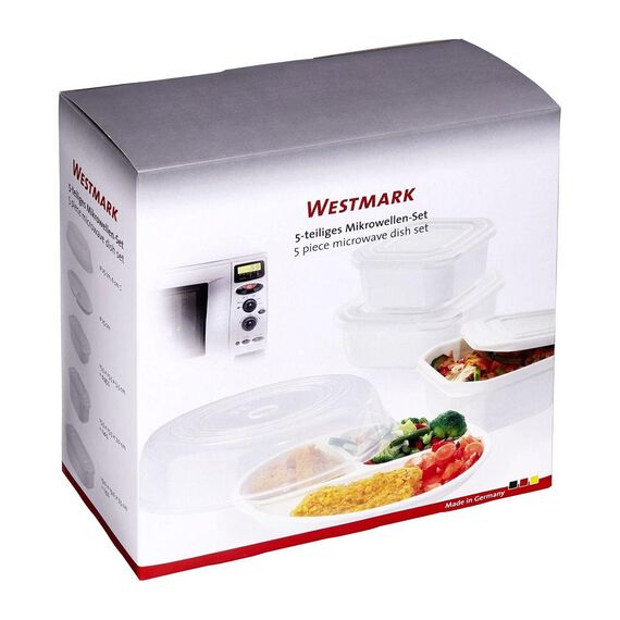Westmark Mikrowellen-Geschirr, Set 5-tlg.: 3 Dosen inkl. Deckeln, 1 Menüteller, 1 Abdeckhaube, Kunststoff, Farbe: Weiß/Transparent, 22032260