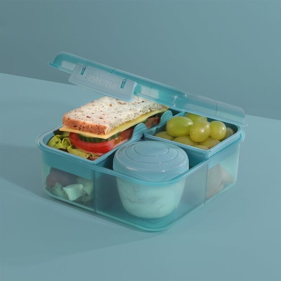 Sistema Bento Box Ocean Bound Plastic Brotdose mit Fächern | 1,25 L Lunchbox mit Joghurt-/Fruchtbehälter | Lunchbox Kinder & Erwachsene l | Hergestellt mit recyceltem Kunststoff | türkis
