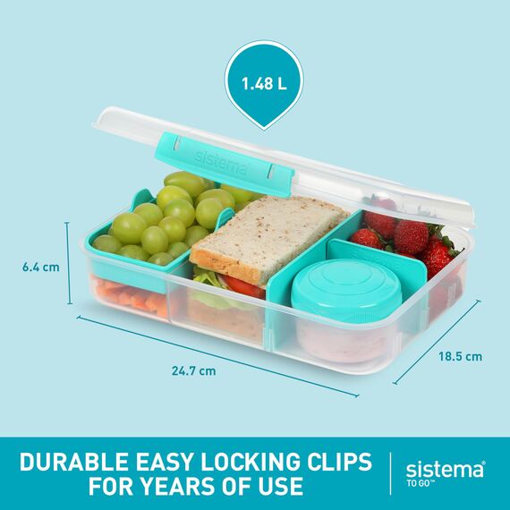 Sistema Bento Box Create Brotdose mit Fächern | 1,48 L Lunchbox mit Joghurt- /Fruchtbehälter | Lunchbox Kinder & Erwachsene | Blaugrün
