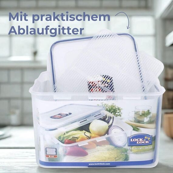 LocknLock PP Classic Vorratsdose mit Ablaufgitter | 3,4 L | 29,7 x 15,2 x 11,8 cm | 100 % luft- und wasserdicht | Gefrier-& Kühlschrank Organizer | Spülmaschinen-& Mikrowellengeeignet