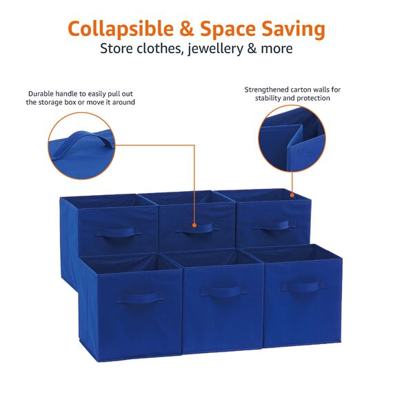 Amazon Basics Zusammenklappbarer Aufbewahrungswürfel/Organizer aus Stoff mit Griffen, 26,6 x 26,6 x 27,9 cm, 6 Stück, Einfarbig Marineblau
