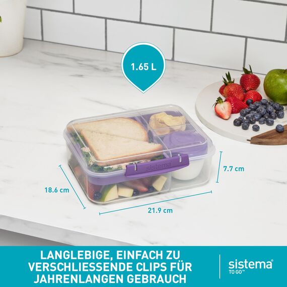 Sistema Bento Box TO GO Brotdose mit Fächern | 1,65 L Lunchbox mit Joghurt- /Fruchtbehälter | Lunchbox Kinder & Erwachsene | Blaugrün