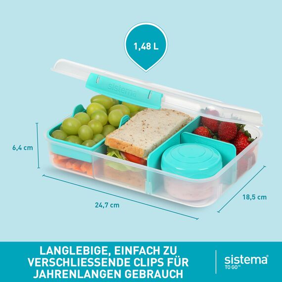 Sistema Bento Box Create Brotdose mit Fächern | 1,48 L Lunchbox mit Joghurt- /Fruchtbehälter | Lunchbox Kinder & Erwachsene | Blaugrün | 2 Stück