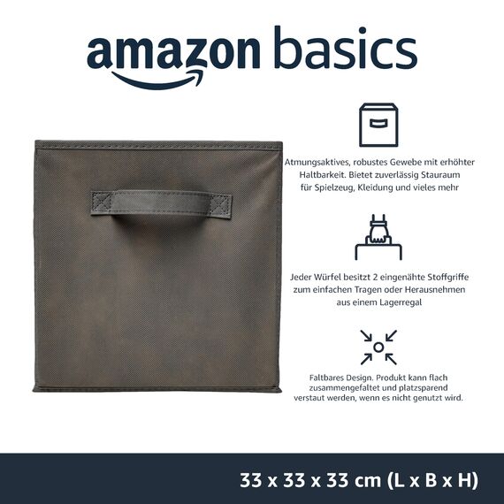 Amazon Basics zusammenklappbarer Aufbewahrungswürfel/Organizer aus Stoff mit Griffen, Einfarbig Grau, 6 er-Pack, 33 cm x 33 cm x 33 cm