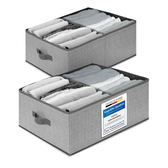 TOPP4u 2er Set große Aufbewahrungsboxen 50x40x20 cm - Boxen Aufbewahrung groß - Aufbewahrungskorb faltbar - Kleiderschrank Organizer - Stoff Kleiderboxen als Schrank Kisten - Stoffboxen in Grau-Beige