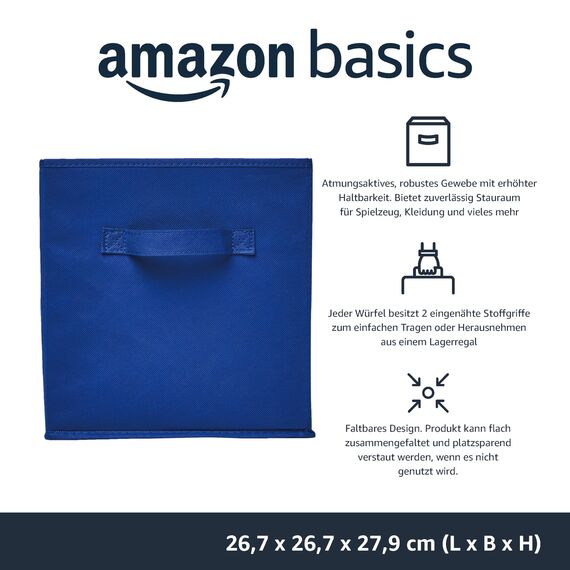 Amazon Basics Zusammenklappbarer Aufbewahrungswürfel/Organizer aus Stoff mit Griffen, 26,6 x 26,6 x 27,9 cm, 6 Stück, Einfarbig Marineblau