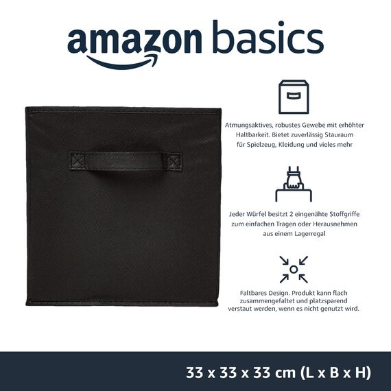 Amazon Basics zusammenklappbarer Aufbewahrungswürfel/Organizer aus Stoff mit Griffen, 6 Stück, Einfarbig Schwarz, 33 cm x 33 cm x 33 cm