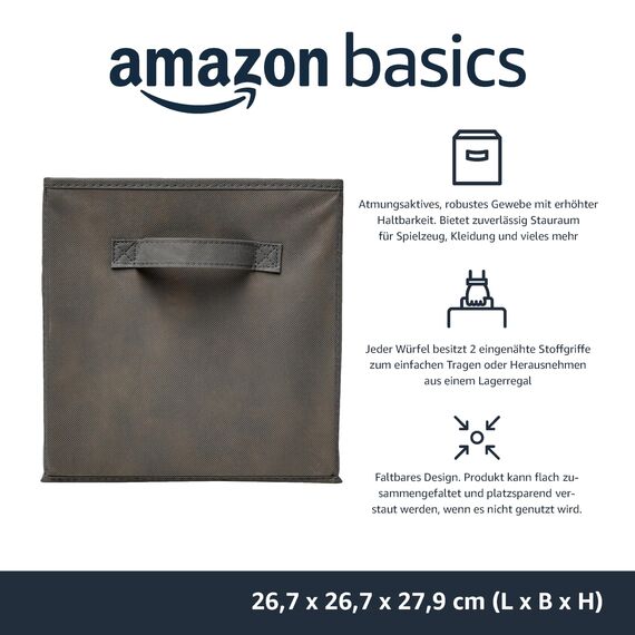 Amazon Basics Zusammenklappbarer Aufbewahrungswürfel/Organizer aus Stoff mit Griffen, 6 Stück, Einfarbig Grau, 26,6 x 26,6 x 27,9 cm