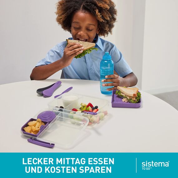 Sistema Bento Box TO GO Brotdose mit Fächern | 1,65 L Lunchbox mit Joghurt- /Fruchtbehälter | Lunchbox Kinder & Erwachsene | Lila