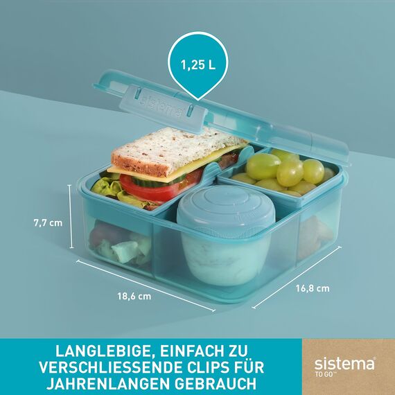 Sistema Bento Box Ocean Bound Plastic Brotdose mit Fächern | 1,25 L Lunchbox mit Joghurt-/Fruchtbehälter | Lunchbox Kinder & Erwachsene l | Hergestellt mit recyceltem Kunststoff | türkis