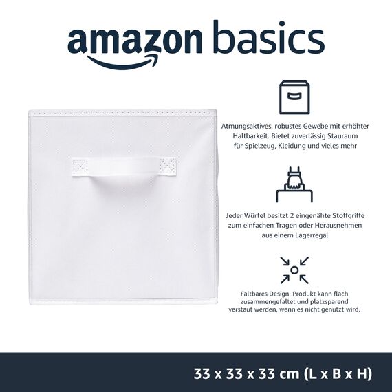 Amazon Basics zusammenklappbarer Aufbewahrungswürfel/Organizer aus Stoff mit Griffen, 33 cm x 33 cm x 33 cm, Einfarbig Weiß, 6 Stück