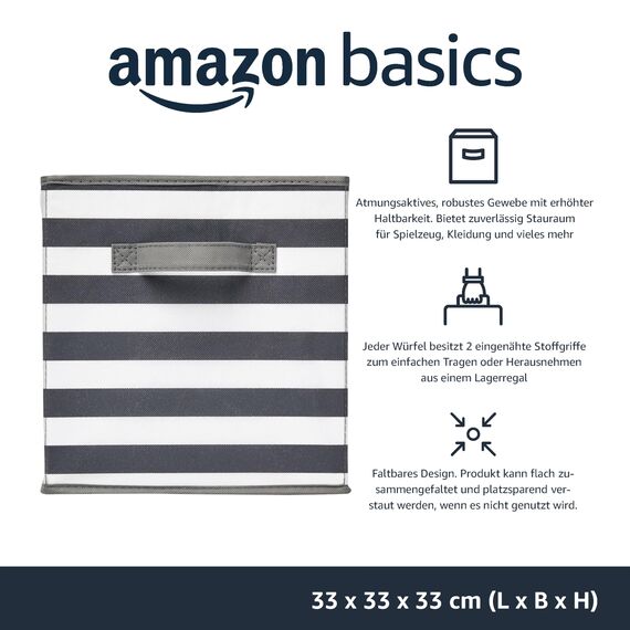 Amazon Basics zusammenklappbarer Aufbewahrungswürfel/Organizer aus Stoff mit Griffen, 33 cm x 33 cm x 33 cm, Weiß/Grau gestreift, 6 Stück