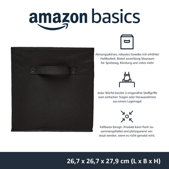 Amazon Basics Zusammenklappbarer Aufbewahrungswürfel/Organizer aus Stoff mit Griffen, 26,6 x 26,6 x 27,9 cm, 6 Stück, Einfarbig Schwarz