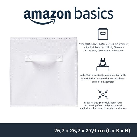 Amazon Basics zusammenklappbarer Aufbewahrungswürfel/Organizer aus Stoff mit Griffen, 26.6 x 26.6 x 27.9 cm, Weiß, 6 Stück, Einfarbig Weiß
