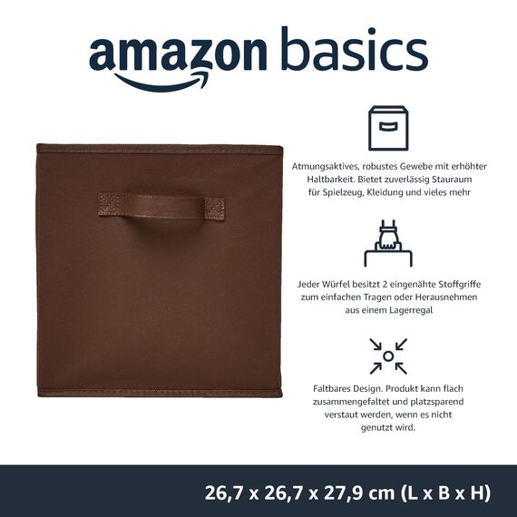 Amazon Basics zusammenklappbarer Aufbewahrungswürfel/Organizer aus Stoff mit Griffen, 26,6 x 26,6 x 27,9 cm, 6 Stück, Einfarbig Braun