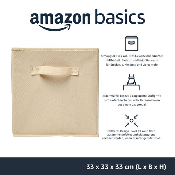 Amazon Basics zusammenklappbarer Aufbewahrungswürfel/Organizer aus Stoff mit Griffen, 33 cm x 33 cm x 33 cm, Beige, 6 Stück, Einfarbig Beige