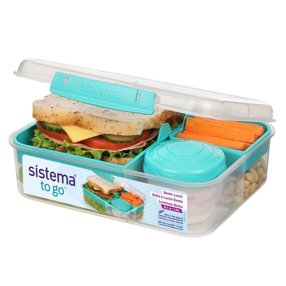 Sistema Bento Box TO GO Brotdose mit Fächern | 1,65 L Lunchbox mit Joghurt- /Fruchtbehälter | Lunchbox Kinder & Erwachsene | Blaugrün