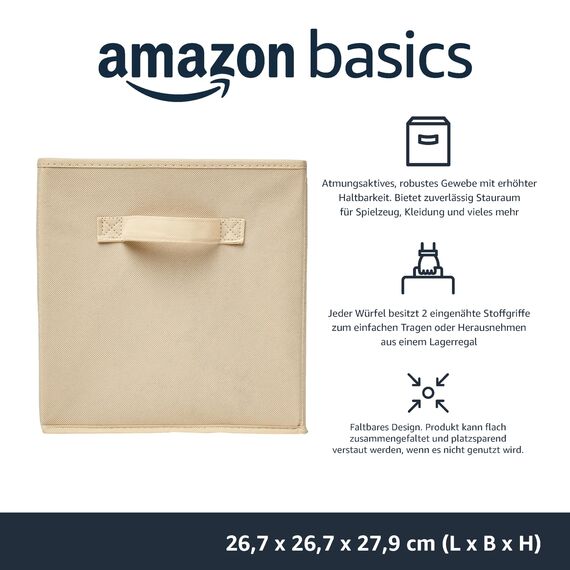 Amazon Basics zusammenklappbarer Aufbewahrungswürfel/Organizer aus Stoff mit Griffen, 26,6 x 26,6 x 27,9 cm, Einfarbig Beige, 6 Stück