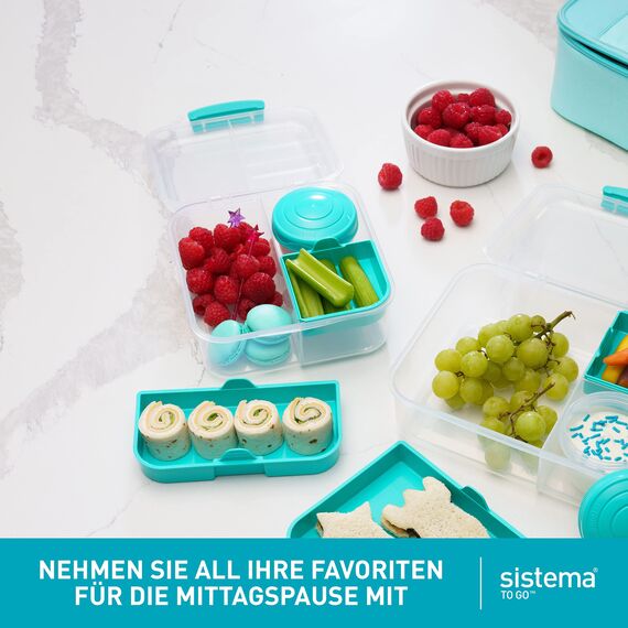 Sistema Bento Box TO GO Brotdose mit Fächern | 1,25 L Lunchbox mit Joghurt-/Fruchtbehälter | Lunchbox Kinder & Erwachsene | Blaugrün