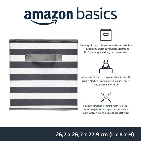 Amazon Basics zusammenklappbarer Aufbewahrungswürfel/Organizer aus Stoff mit Griffen, 26.6 x 26.6 x 27.9 cm, Weiß/Grau gestreift, 6 Stück