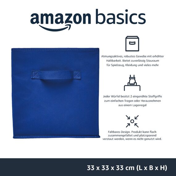 Amazon Basics zusammenklappbarer Aufbewahrungswürfel/Organizer aus Stoff mit Griffen, 33 cm x 33 cm x 33 cm, Einfarbig Marineblau, 6 Stück