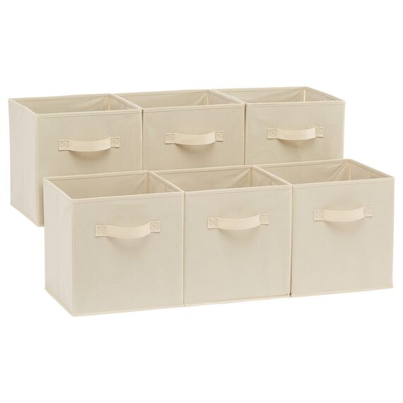 Amazon Basics zusammenklappbarer Aufbewahrungswürfel/Organizer aus Stoff mit Griffen, 26,6 x 26,6 x 27,9 cm, Einfarbig Beige, 6 Stück