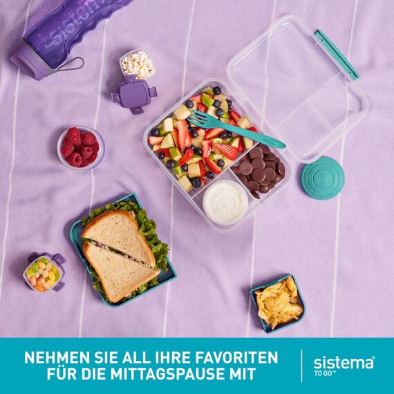 Sistema Bento Box TO GO Brotdose mit Fächern | 1,65 L Lunchbox mit Joghurt- /Fruchtbehälter | Lunchbox Kinder & Erwachsene | Blaugrün