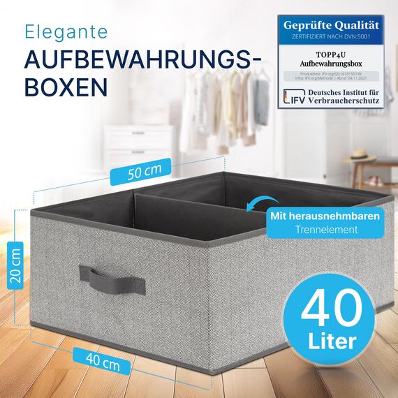 TOPP4u 2er Set große Aufbewahrungsboxen 50x40x20 cm - Boxen Aufbewahrung groß - Aufbewahrungskorb faltbar - Kleiderschrank Organizer - Stoff Kleiderboxen als Schrank Kisten - Stoffboxen in Grau-Beige