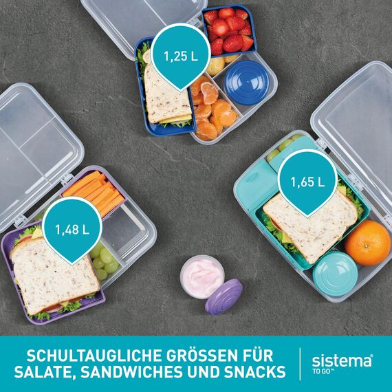 Sistema Bento Box TO GO Brotdose mit Fächern | 1,25 L Lunchbox mit Joghurt-/Fruchtbehälter | Lunchbox Kinder & Erwachsene | Blaugrün