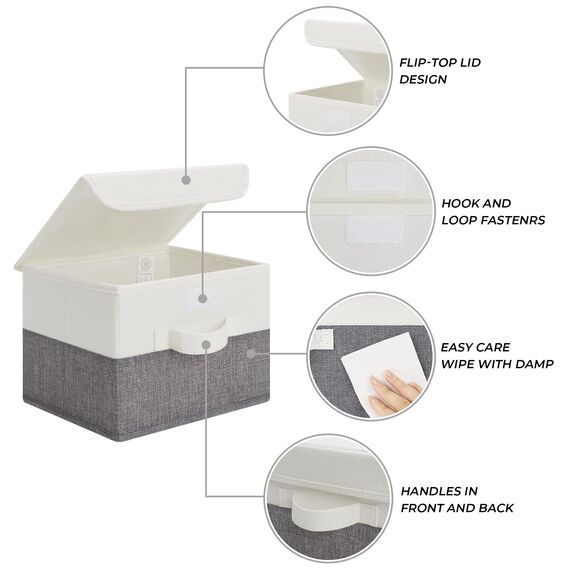 GRANNY SAYS Aufbewahrungsboxen mit Deckel, 2 Stück Kisten Aufbewahrung, Faltbare Aufbewahrungsbox mit Deckel Stoff, Aufbewahrungskörbe für Kleidung, weiß-grau, 25,5 x 20,5 x 17,5cm