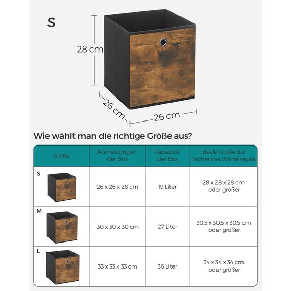 SONGMICS Aufbewahrungsbox, 6er Set, Ordnungsboxen, Oxford-Gewebe, Faltbox, 26 x 26 x 28 cm, Stoffbox, für Würfelregal, Organizer für Kleidung, vintagebraun-schwarz RFB126B01