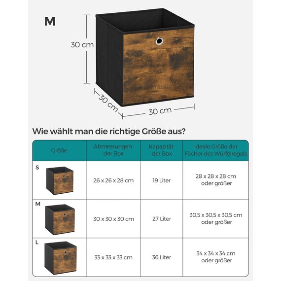 SONGMICS Aufbewahrungsbox, 6er Set, Ordnungsboxen, Oxford-Gewebe, Faltbox, 30 x 30 x 30 cm, Stoffbox, für Würfelregal, Organizer für Kleidung, vintagebraun-schwarz RFB102B01