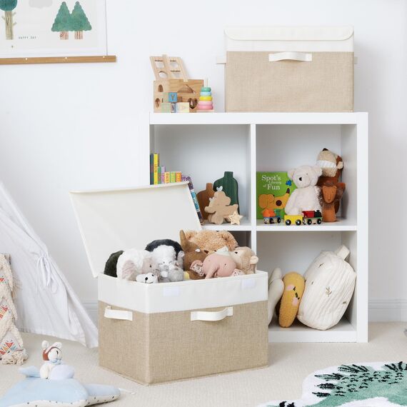 GRANNY SAYS Aufbewahrungsboxen mit Deckel Stoff, 2 Stück Kisten Aufbewahrung groß, Organizer Box mit Deckel, Aufbewahrungskörbe für Kleidung, weiß-braun Faltboxen mit Deckel für Kleiderschrank