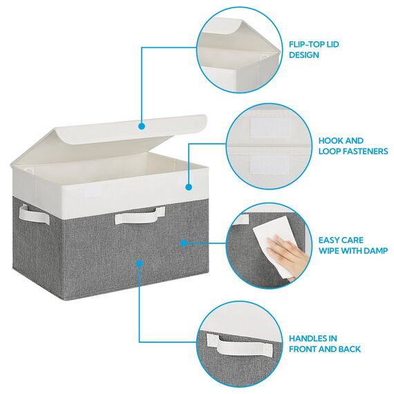 GRANNY SAYS Aufbewahrungsboxen mit Deckel groß, 2 Stück Kisten Aufbewahrung, Aufbewahrungsbox mit Deckel Stoff, Aufbewahrungskörbe für Kleidung, weiß-grau Faltboxen mit Deckel für Kleiderschrank