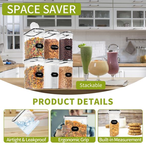 Skroam Müslibehälter, 6 Stück, luftdichte Frischhaltedosen mit Deckel, Kunststoff, Müsli-Spender für Küche und Speisekammer, Organizer und Aufbewahrung, Messbecher und 20 Etiketten