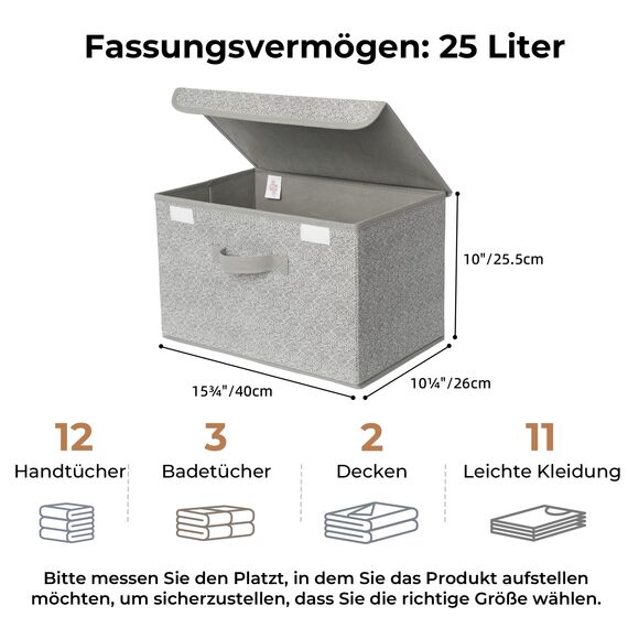 GRANNY SAYS Aufbewahrungsboxen mit Deckel, 2 Stück Kisten Aufbewahrung mit Deckel, Faltbare Ordnungsboxen Stoff, Aufbewahrungskörbe für Kleidung, grau Faltboxen mit Deckel für Kleiderschrank