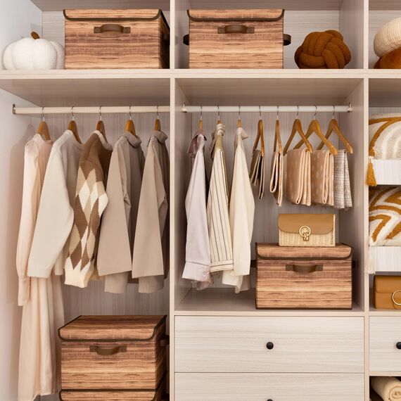 GRANNY SAYS Aufbewahrungsboxen mit Deckel, 2 Stück Kisten Aufbewahrung mit Deckel, Faltbare Ordnungsboxen Stoff, Aufbewahrungskörbe für Kleidung, holzkorn-gelb Faltboxen mit Deckel für Kleiderschrank